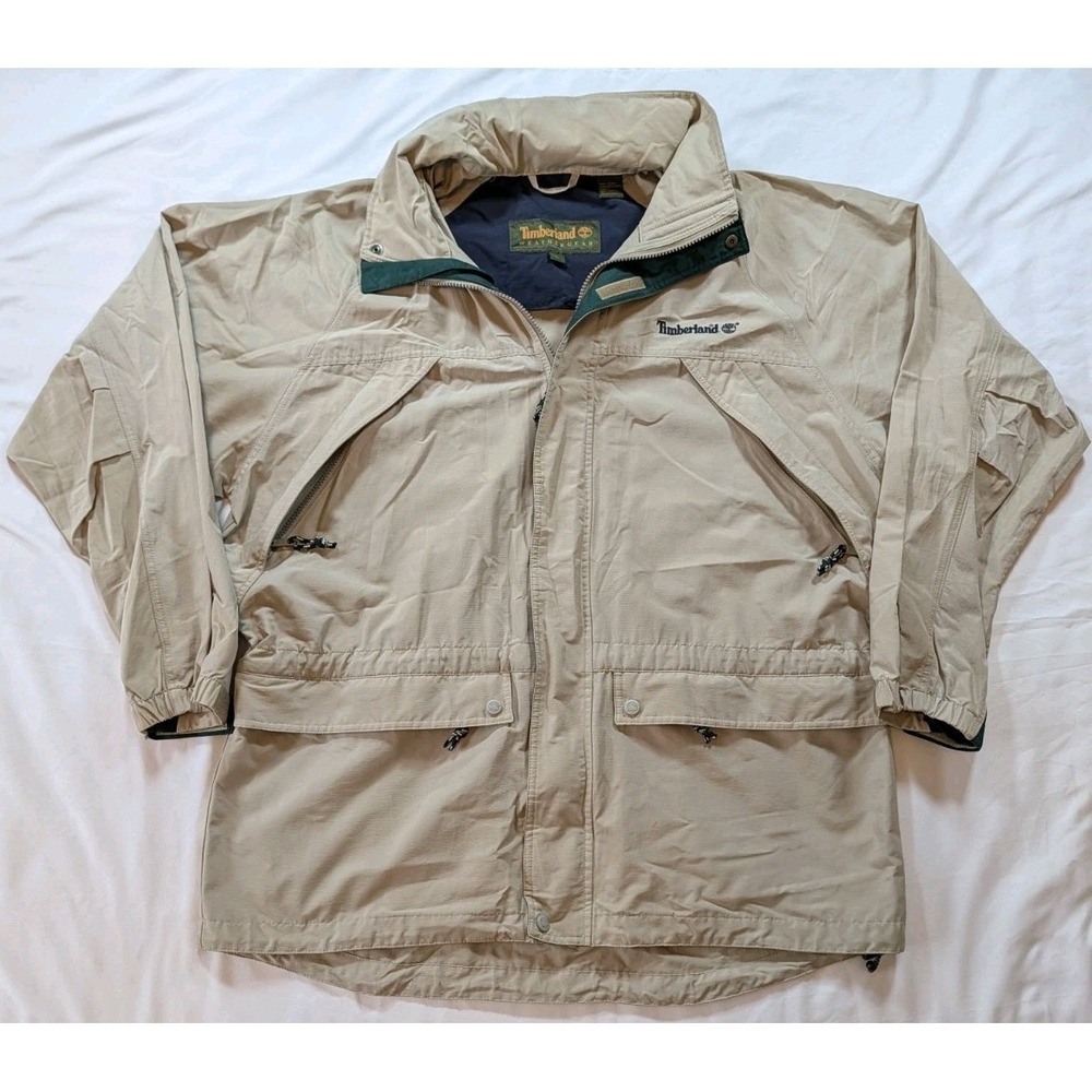 Vintage Timberland Field Jacket‎ Mens Lg Tan Zip Up Multi Pockets Hooded 1998